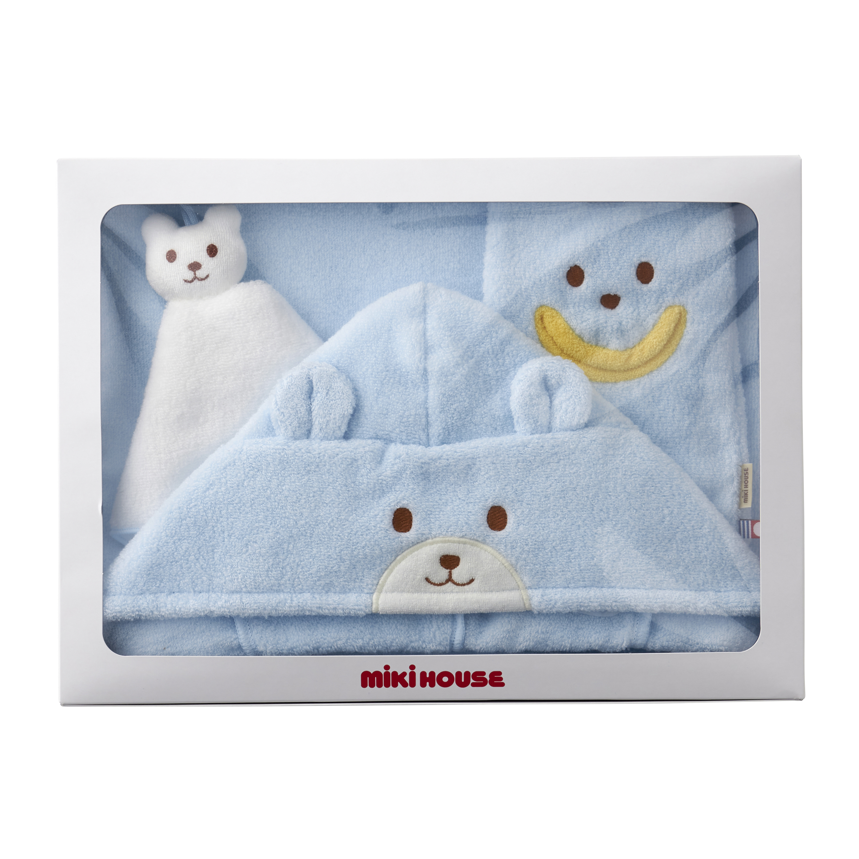 無撚紗小熊嬰兒斗篷連帽浴巾組盒裝（今治毛巾）-天藍