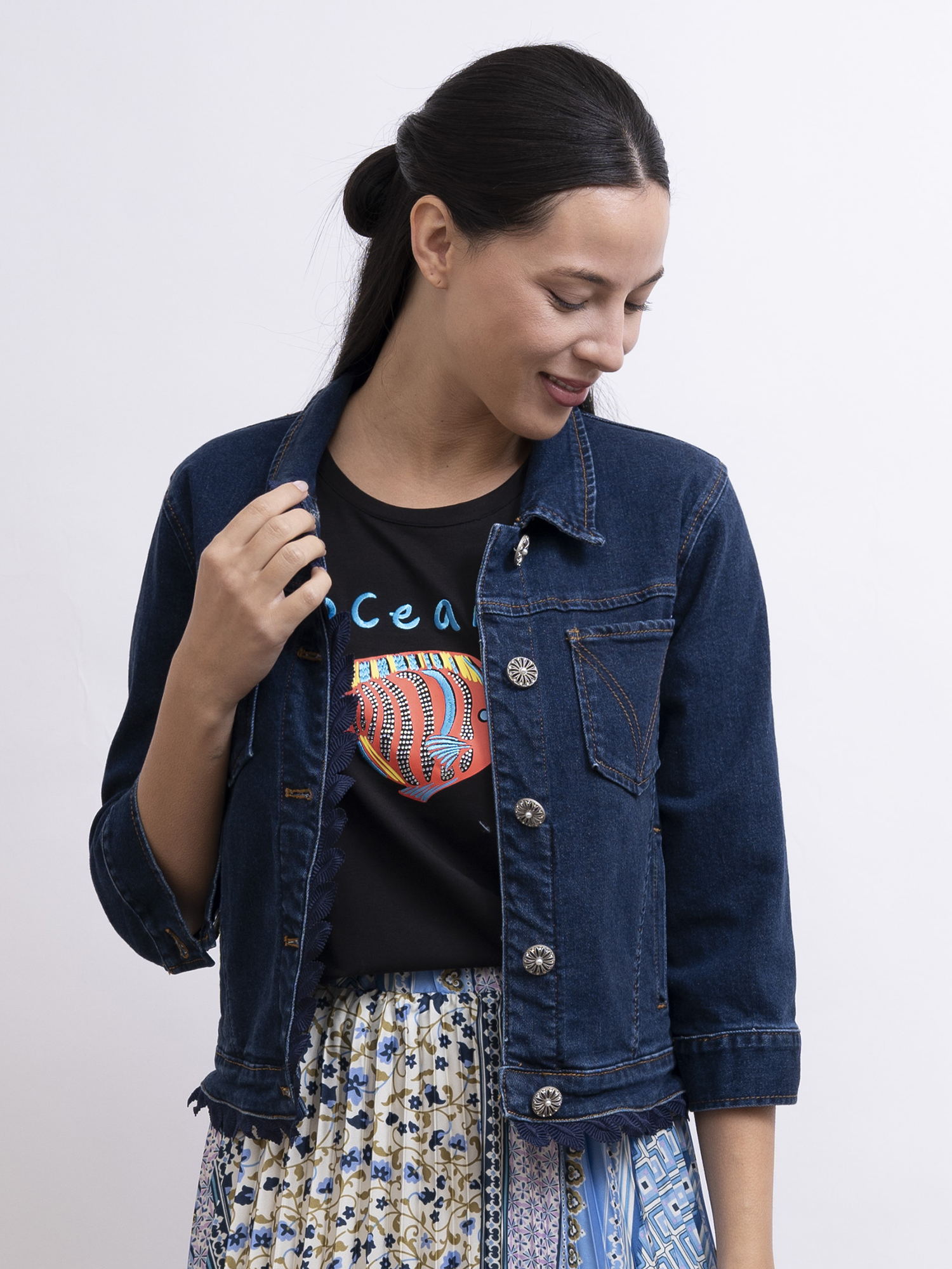 mi-tu 拼接蕾絲牛仔外套