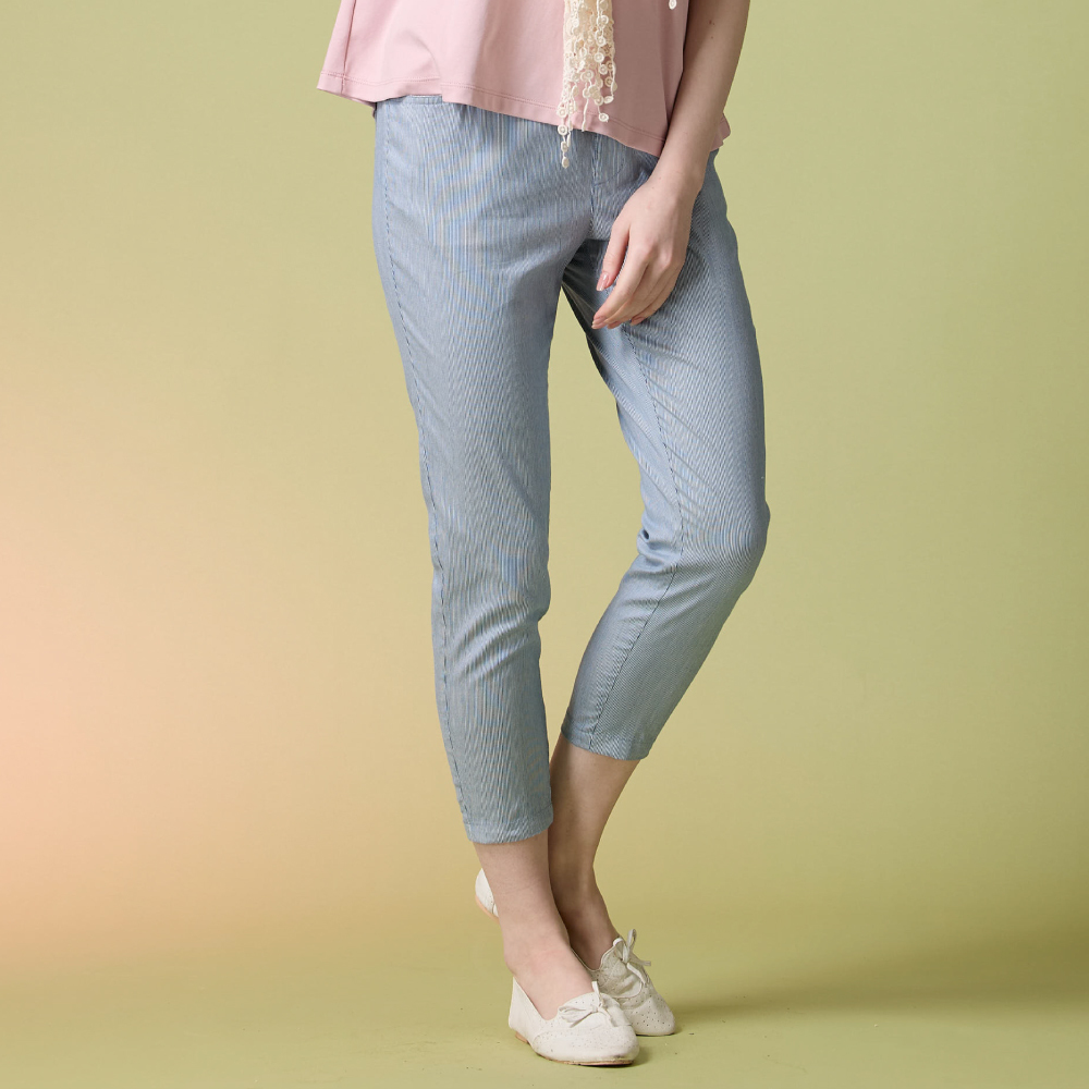 PIPPY百搭直條休閒彈性棉7分長褲 藍