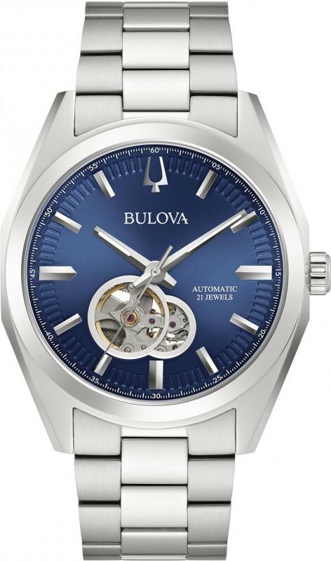 萬年鐘錶 - BULOVA 寶路華   藍色面盤經典機械不鏽鋼男錶  96A275  錶徑 42MM