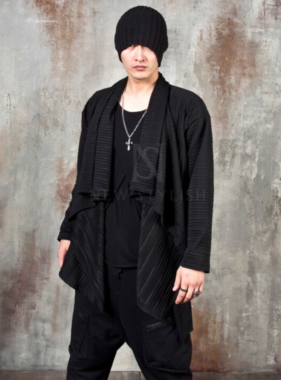 前衛羅紋褶襟長披肩開襟衫