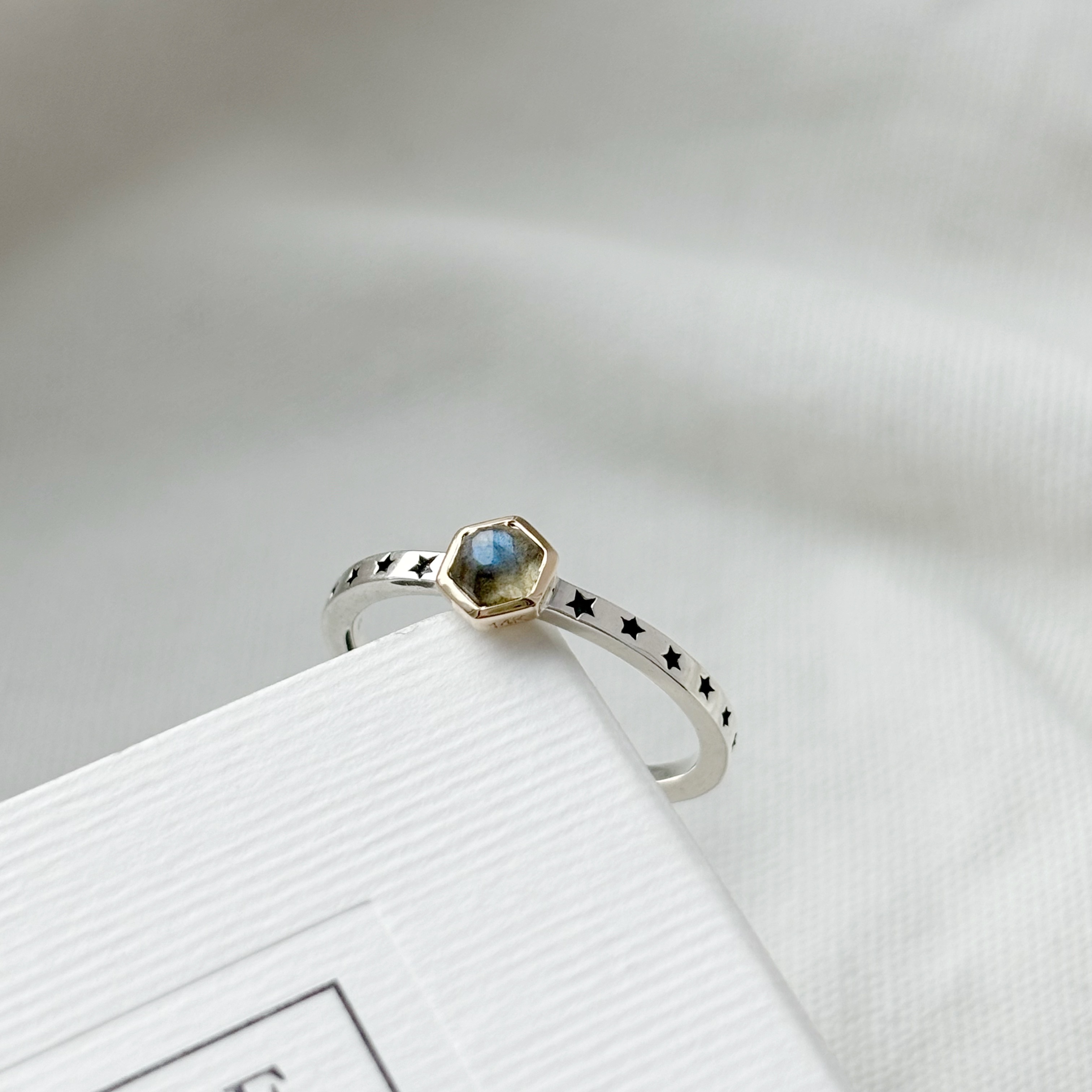 六角星星14K拉長石戒指