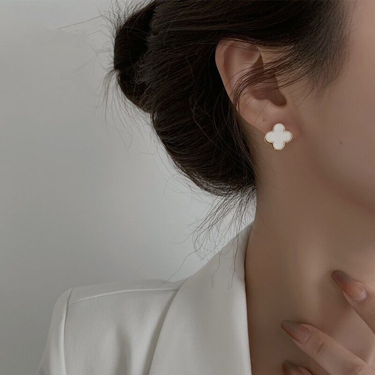 雙面四葉草 母貝/滴釉/水鑽耳釦釘