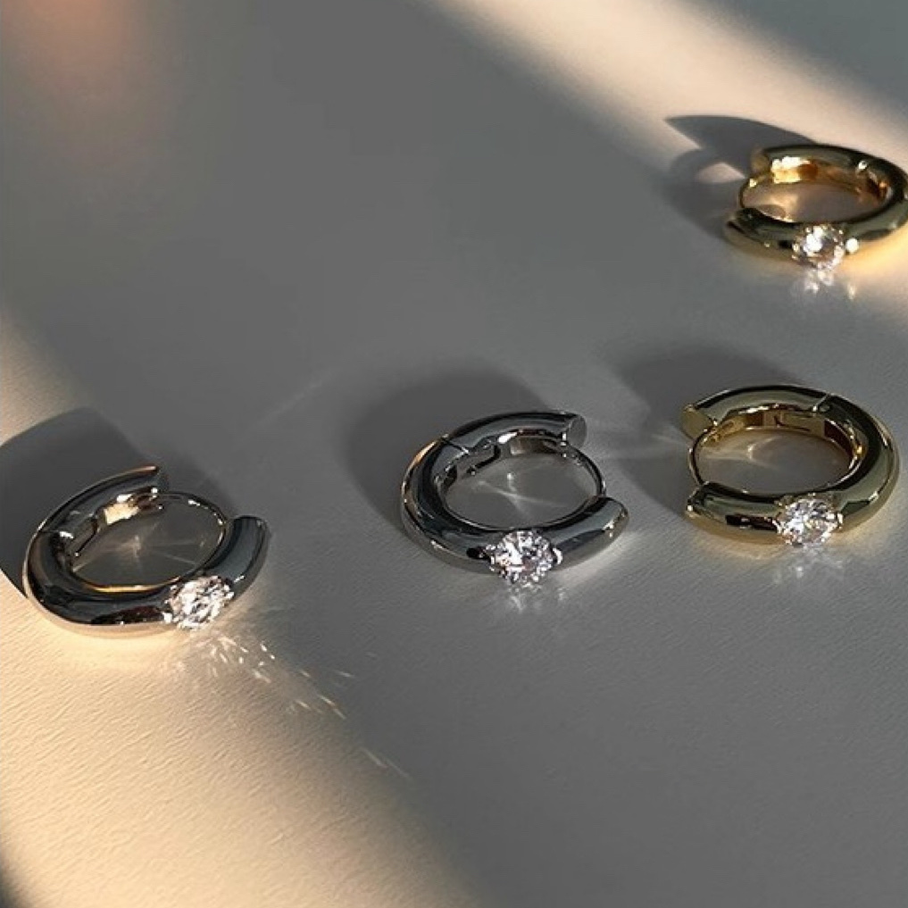 高奢圓水鑽 18k金銀屬光面耳釦釘