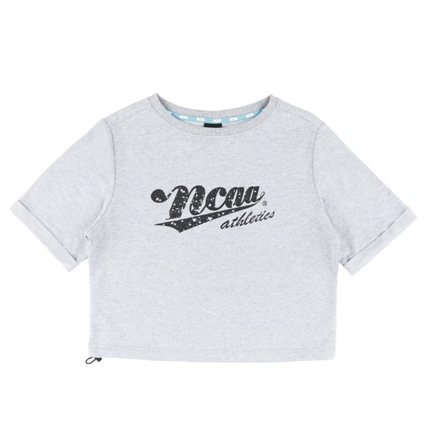 NCAA 短T 灰/黑 復古印花LOGO 短版 抽繩 T恤 女 74221121-