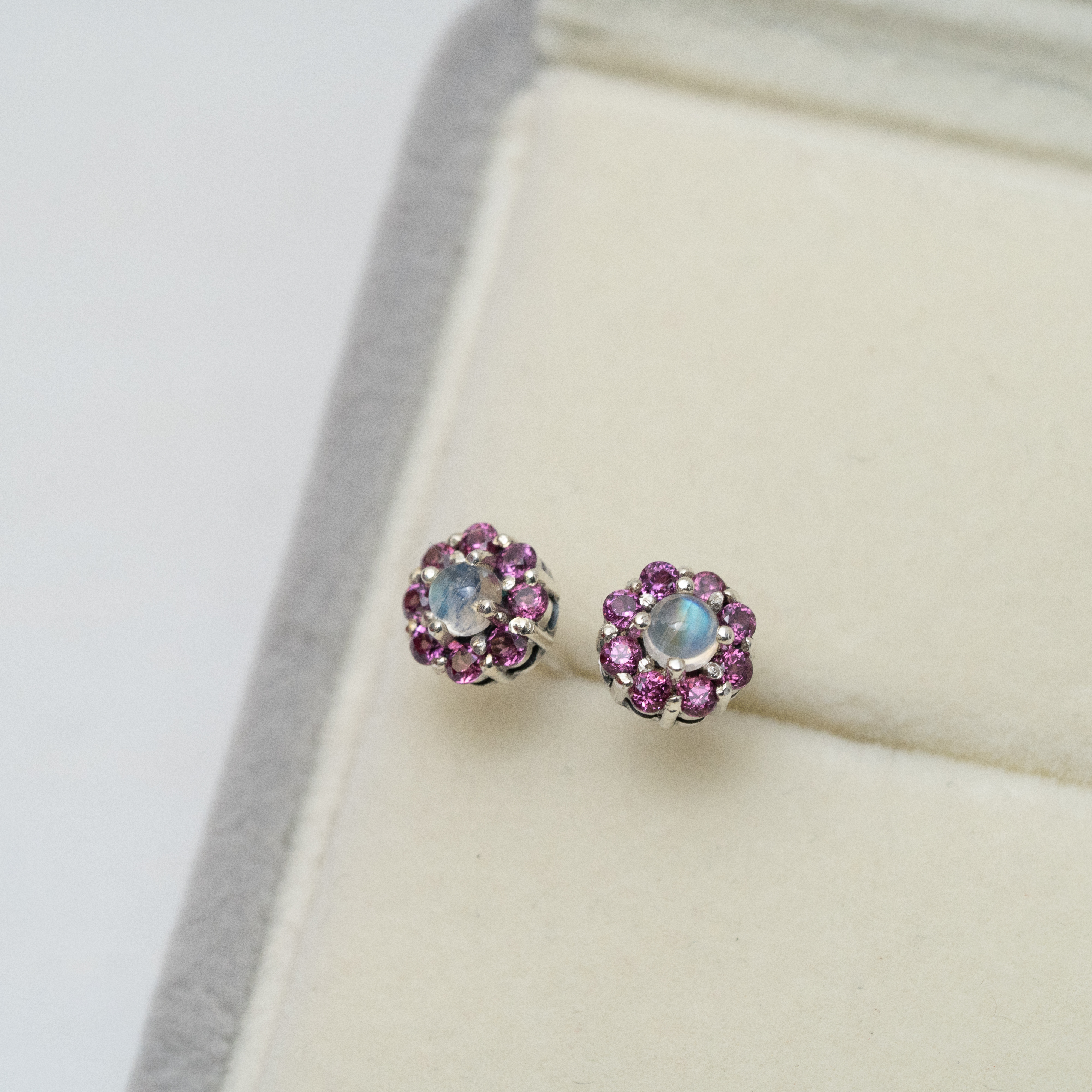 sve52彩虹月亮石.玫瑰石榴石耳環