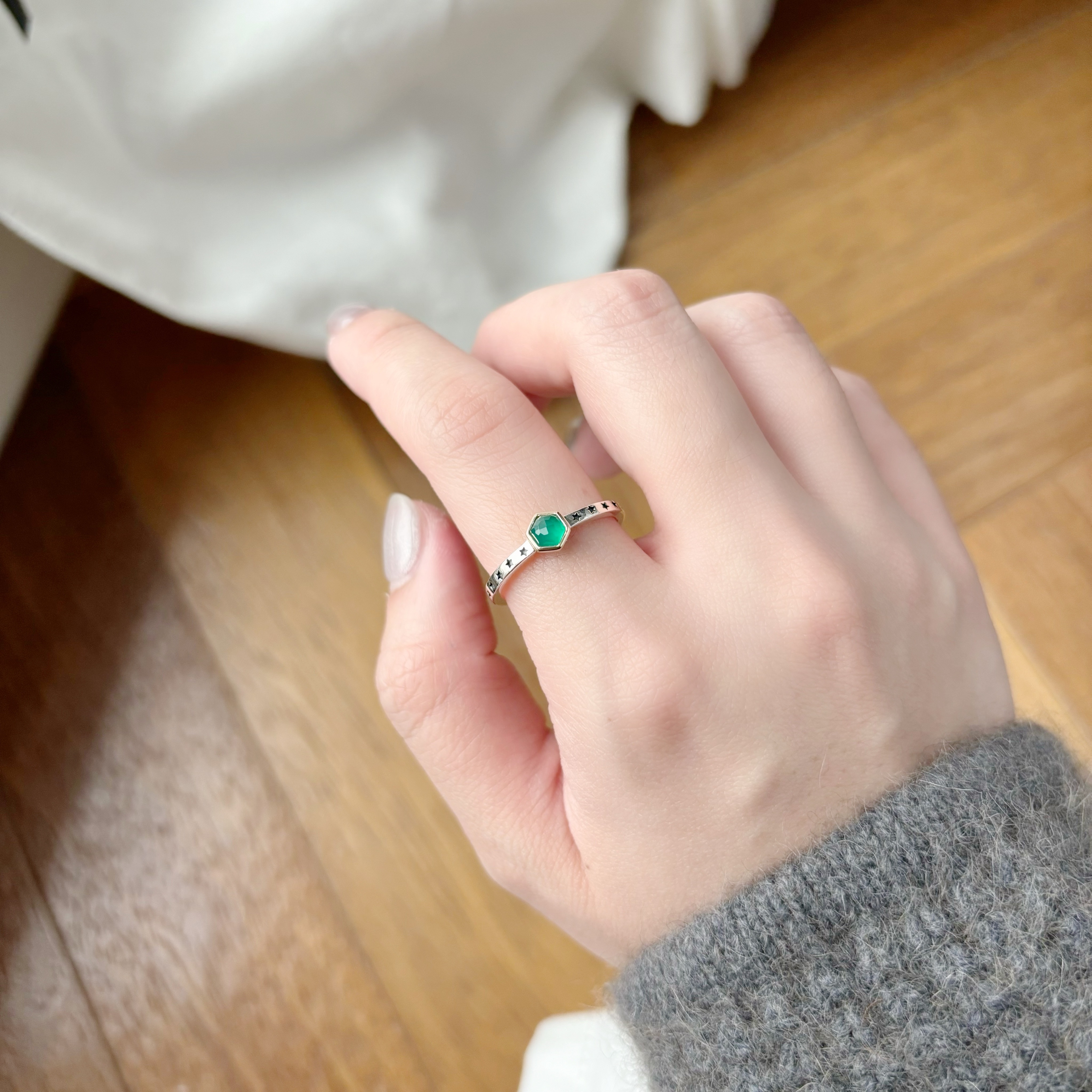 六角星星14K綠瑪瑙戒指