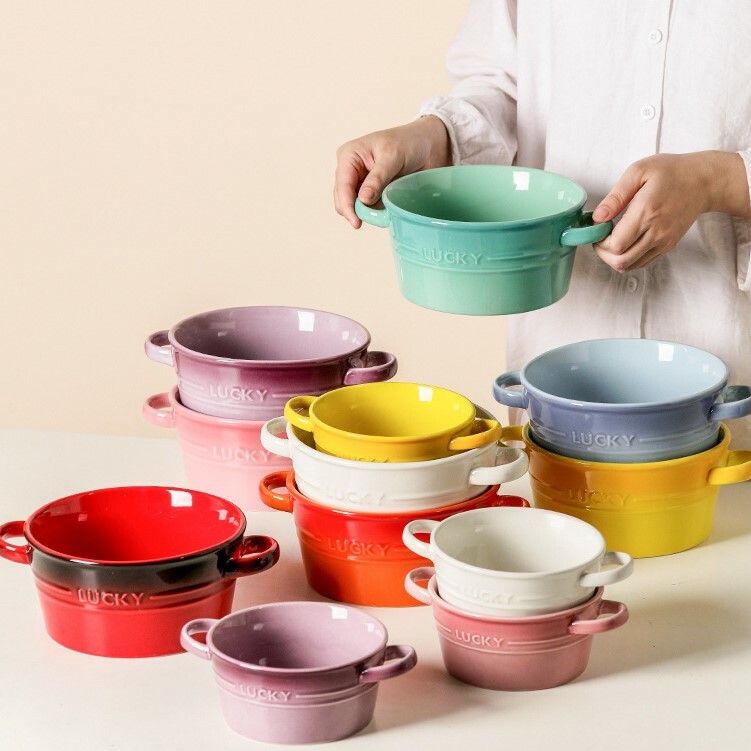 《3695》彩虹漸層陶瓷雙耳焗烤碗