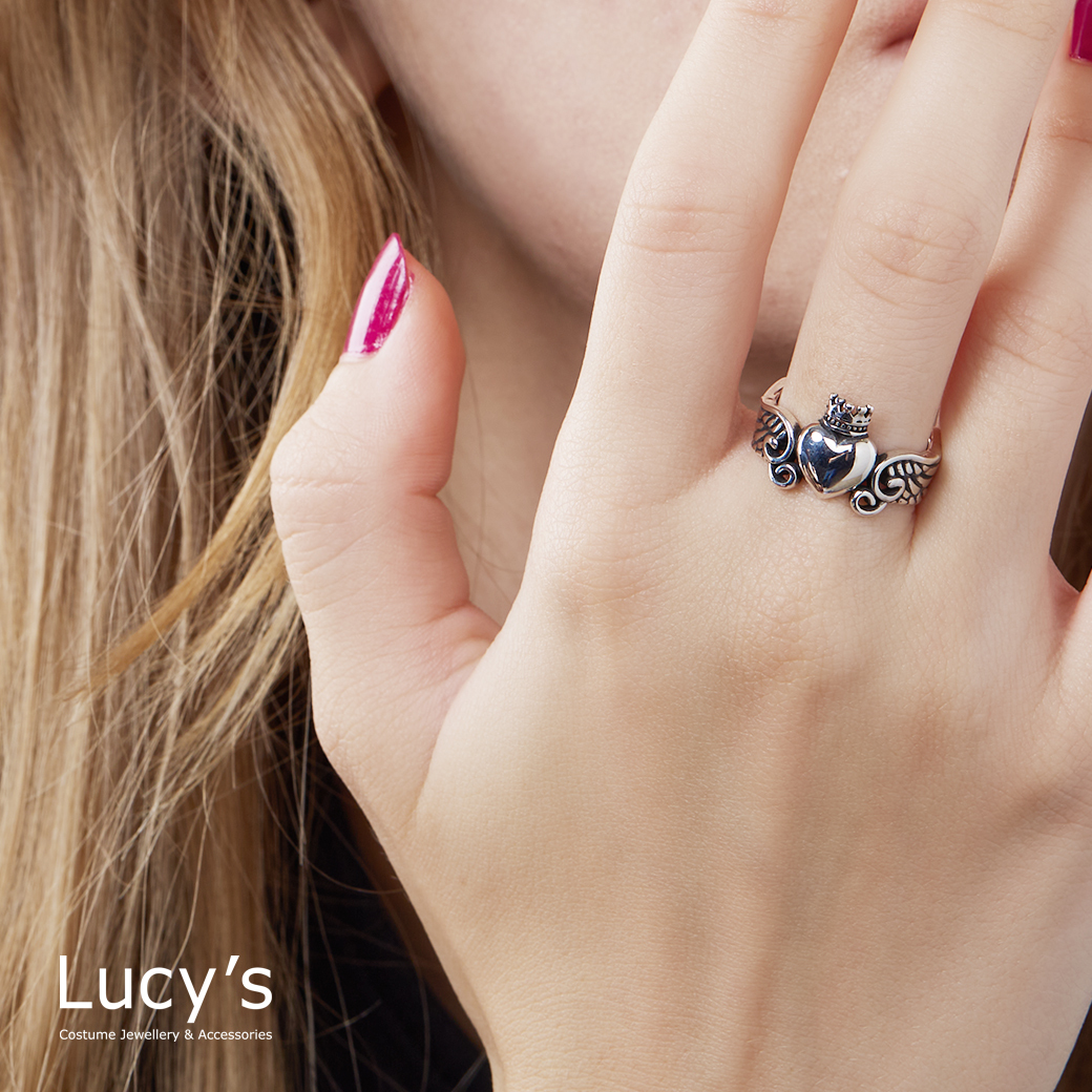 925純銀 皇冠愛心 硫化開口戒 (80763)