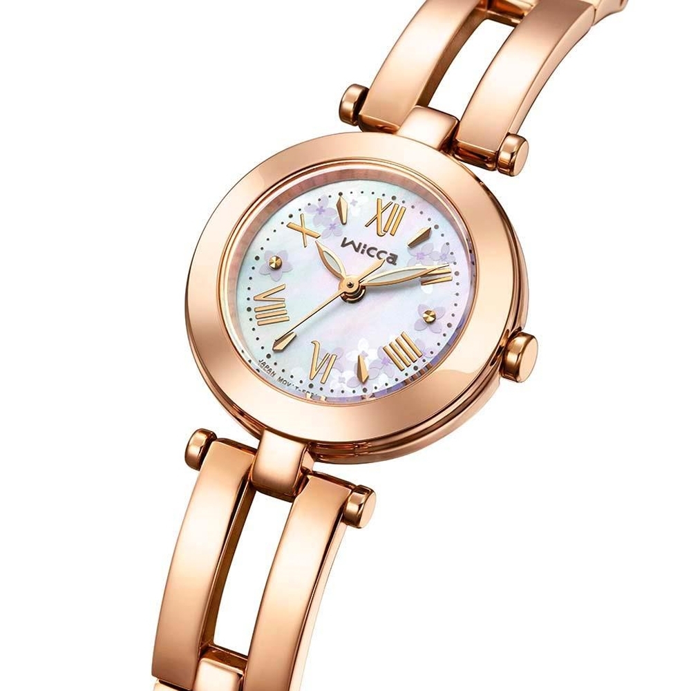 萬年鐘錶 - Citizen - Wicca   玫瑰金小花珍珠母貝面盤太陽能女錶 KP5-263-11 錶徑24MM