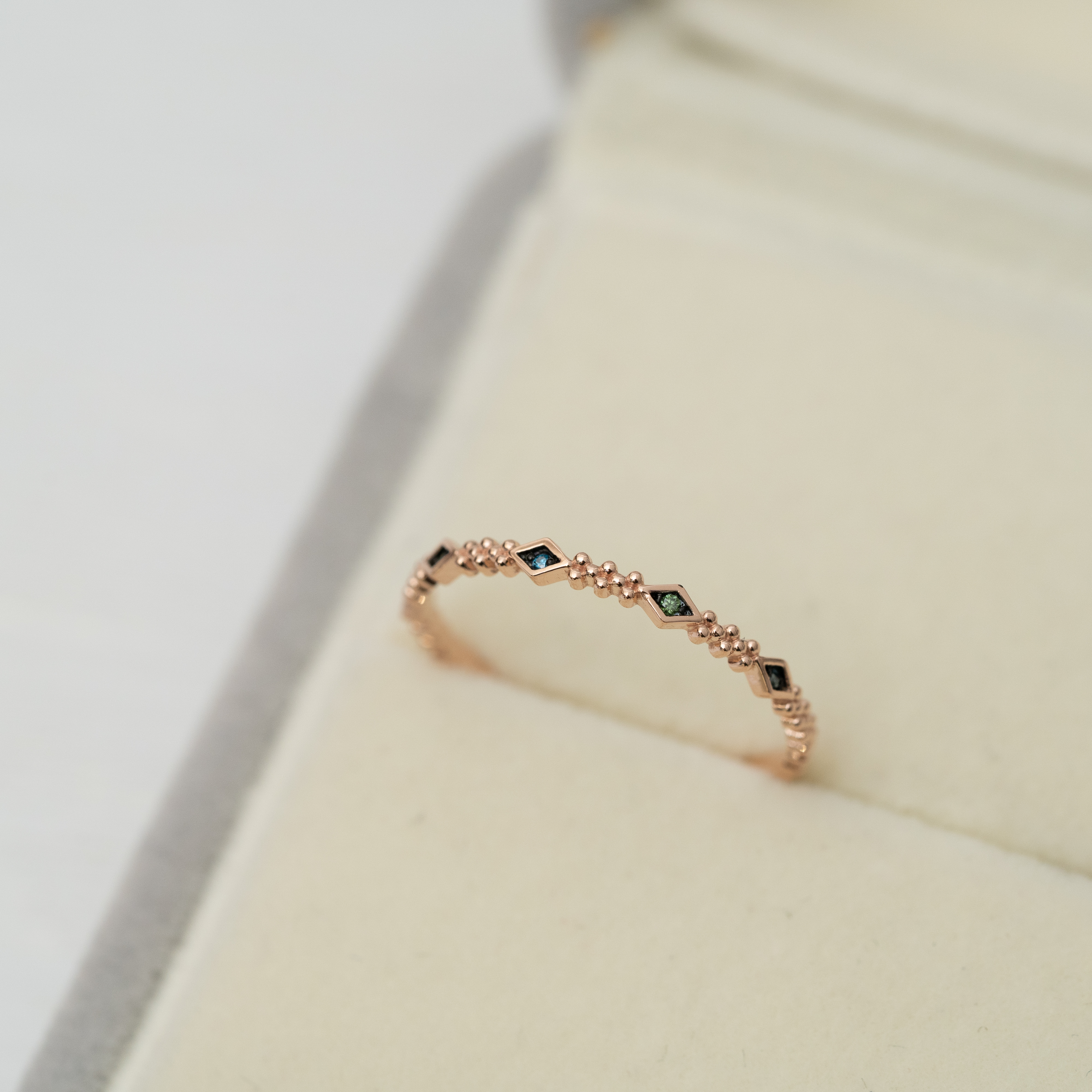 14K 玫瑰金藍鑽石戒指（菱形框拼粒粒紋）