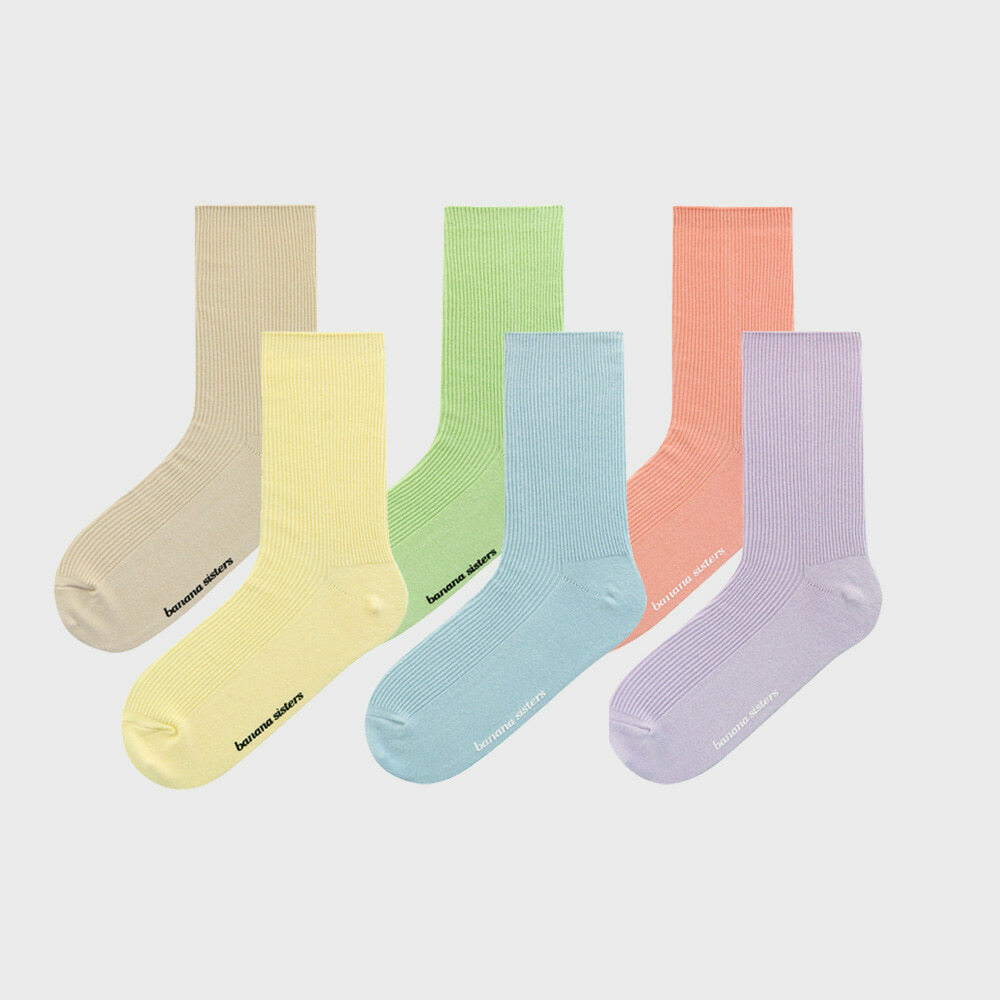 【3 Pairs SET】Banana Sisters Mimi Daily Ribbed Crew Socks Pastel