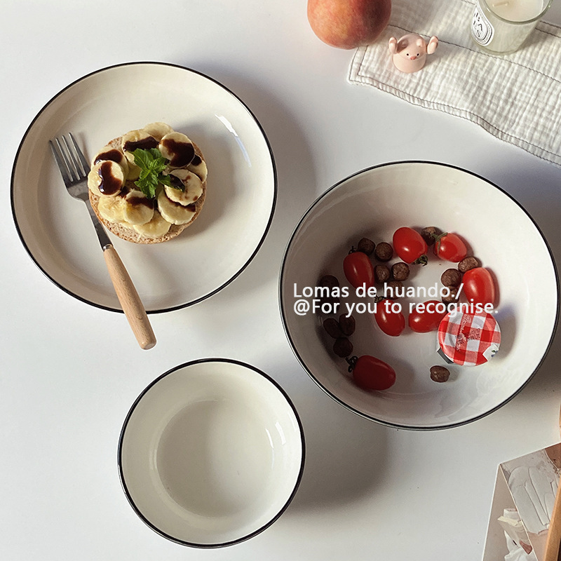 《3701》北歐簡約風黑邊豎紋陶瓷碗盤