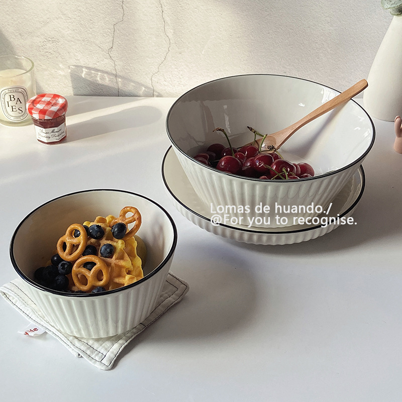 《3701》北歐簡約風黑邊豎紋陶瓷碗盤