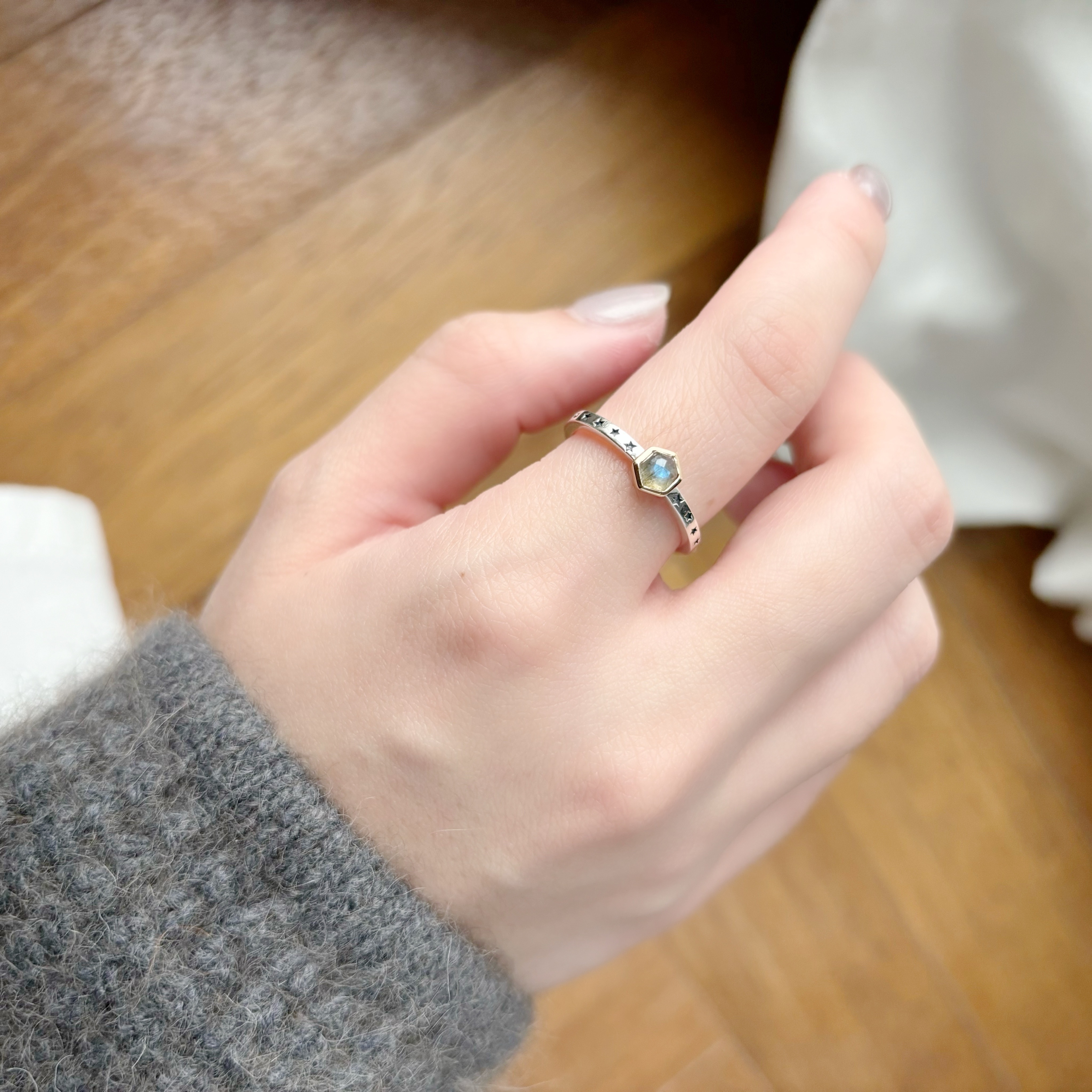 六角星星14K拉長石戒指