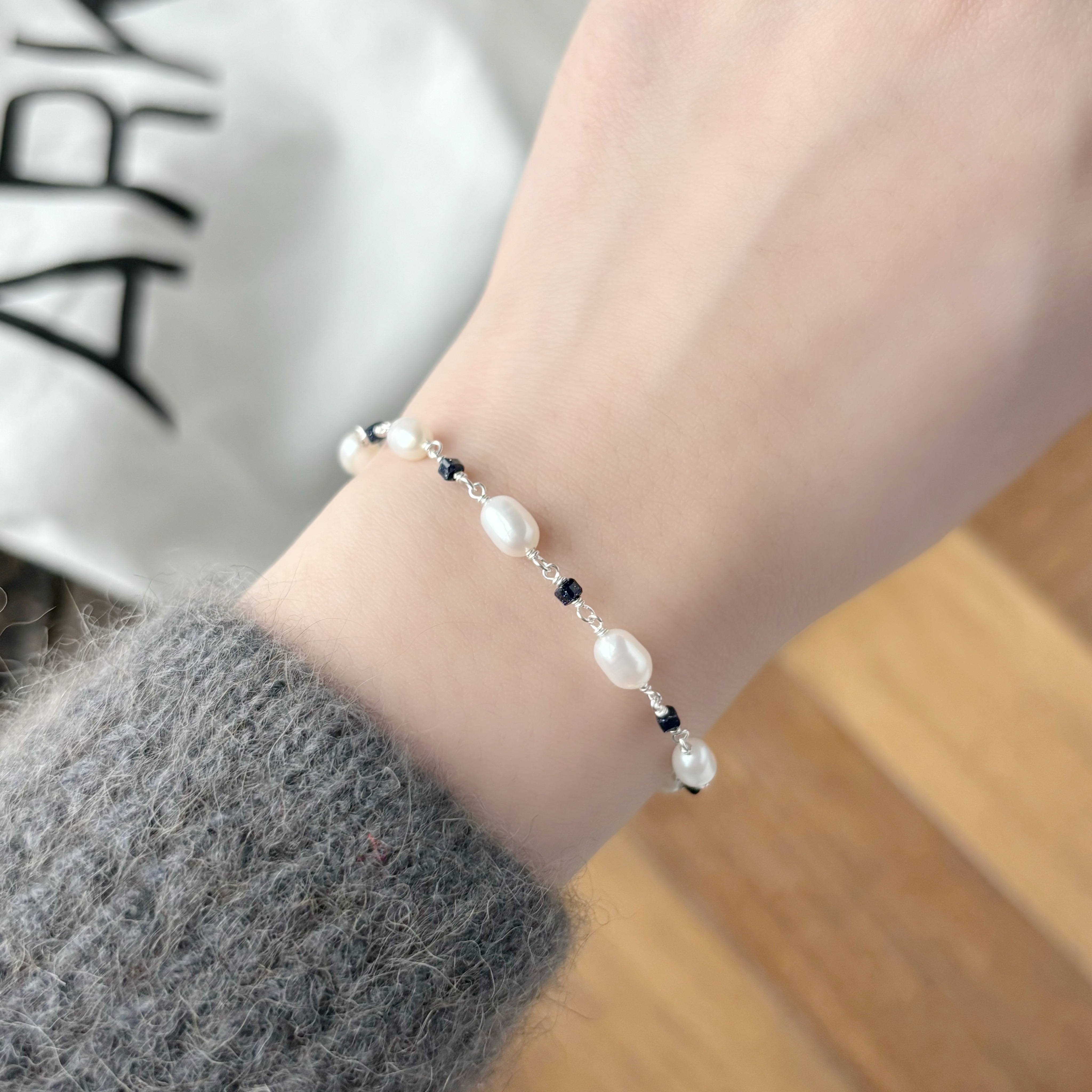 米粒珍珠藍砂石手鍊