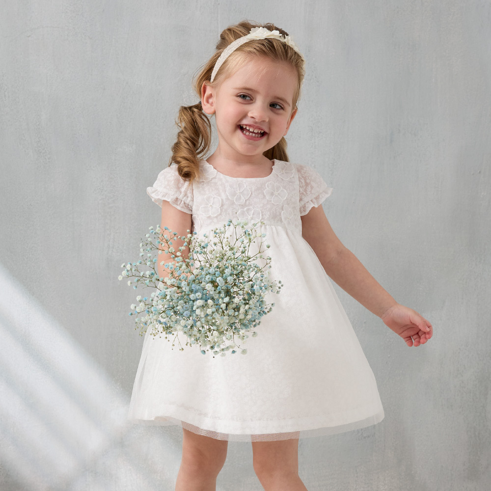 PIPPY 畢業季燒花澎袖網紗連身裙公主洋裝 白.米 (正式款)