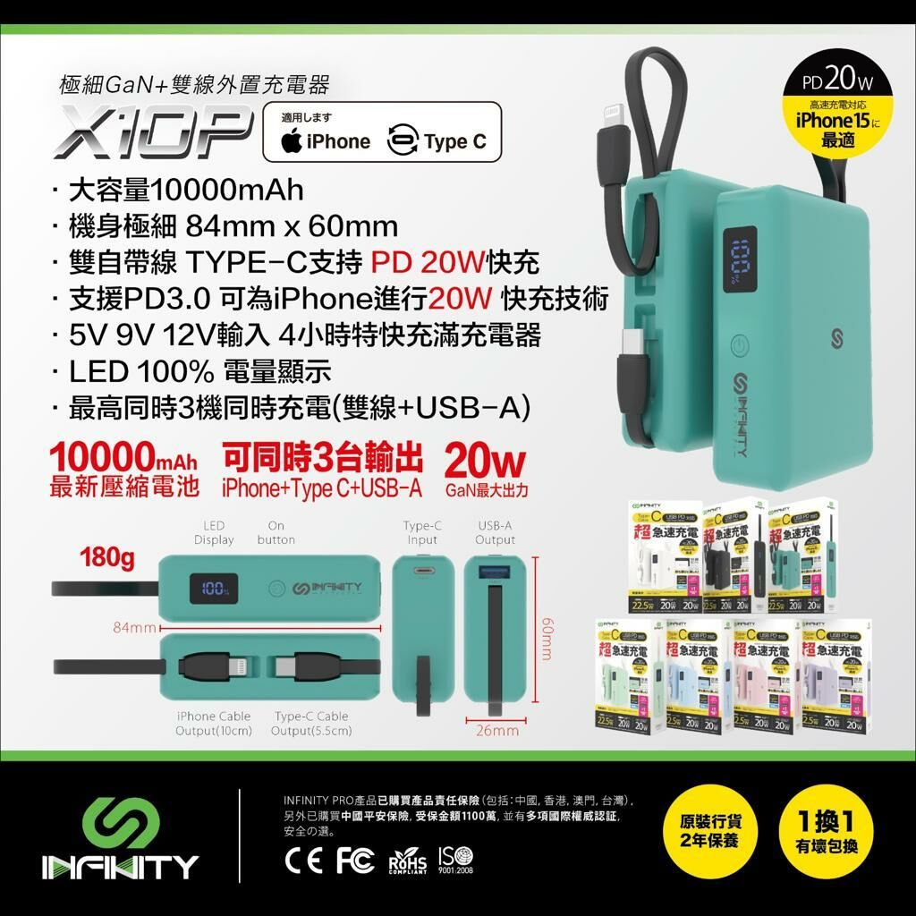 Infinity細の極限雙自帶線快充充電器