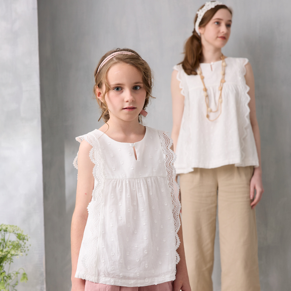 PIPPY 浪漫仙女蕾絲純棉微波浪抽皺棉質上衣 白