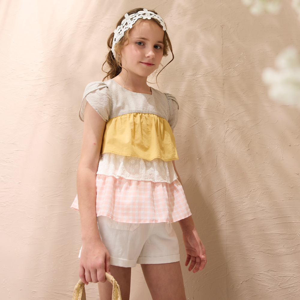 PIPPY花漾精靈多層波浪拼接純棉花苞袖上衣 黃