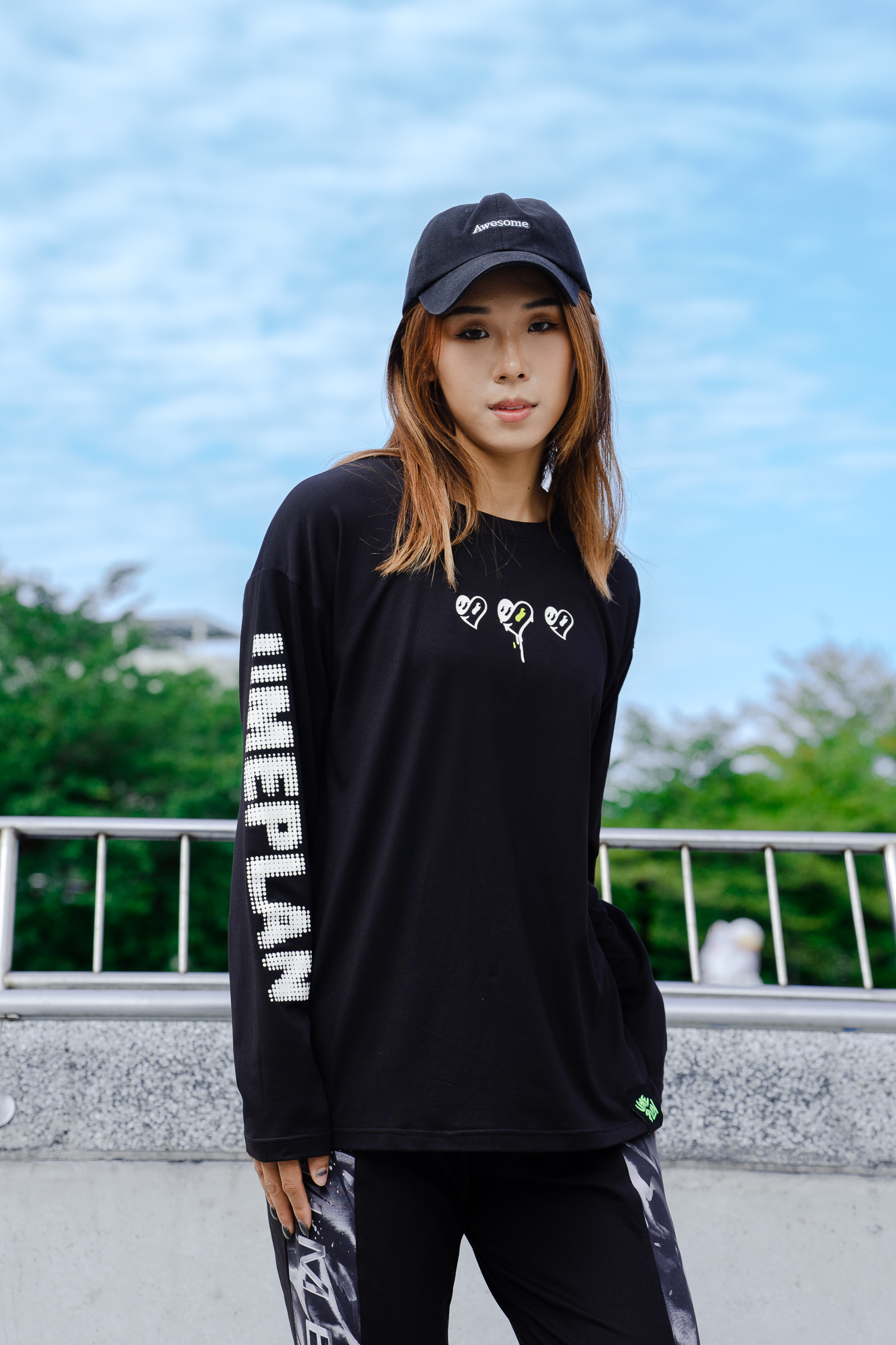 印花休閒長袖上衣 真黑 S0017PB