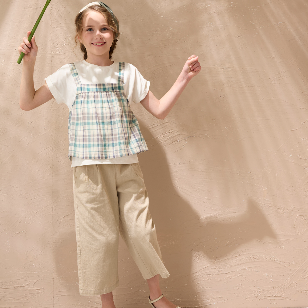 PIPPY 氣質款剪接壓摺棉質寬版7分褲 卡其