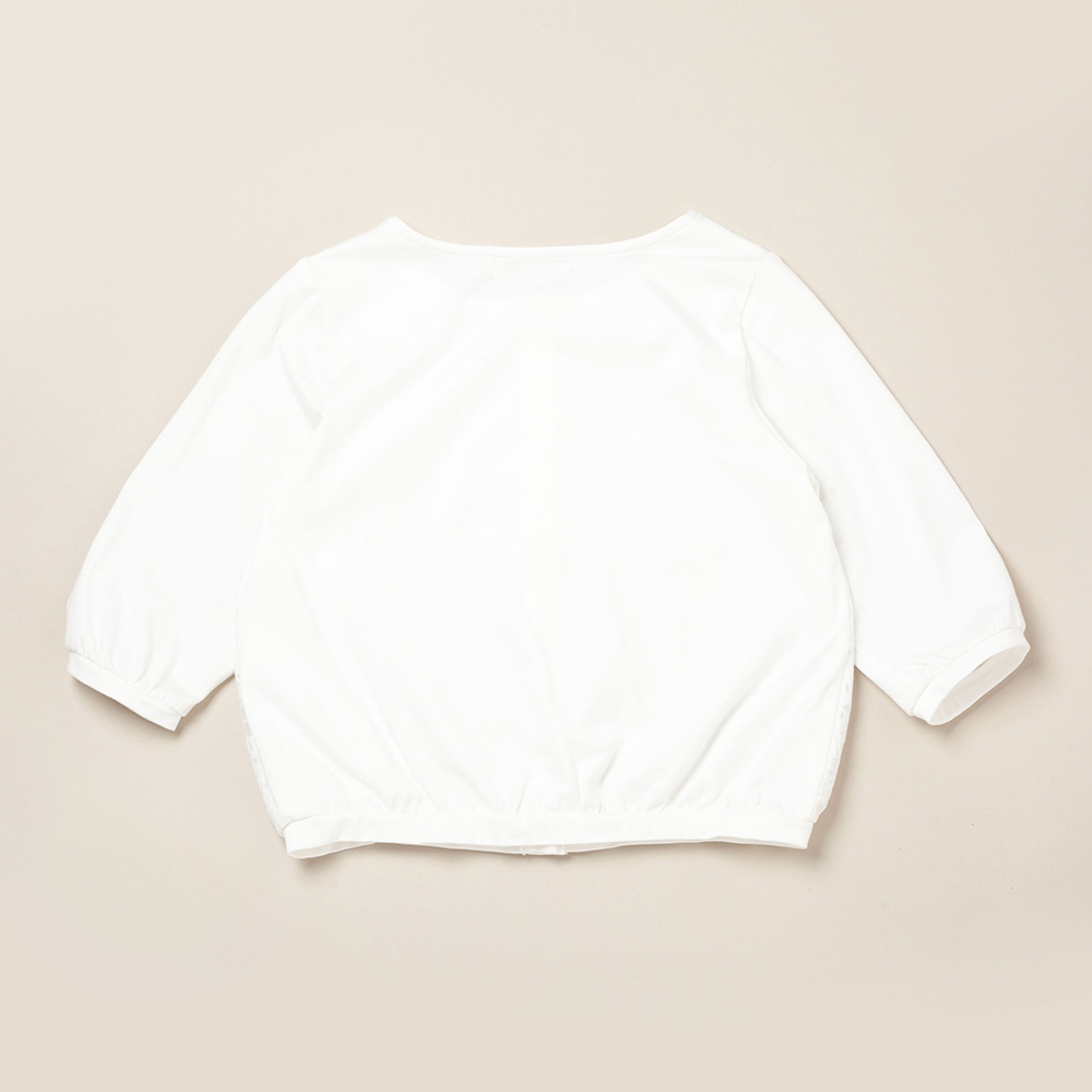 PIPPY甜美款網紗花朵印花微波浪抽皺針織外套 白