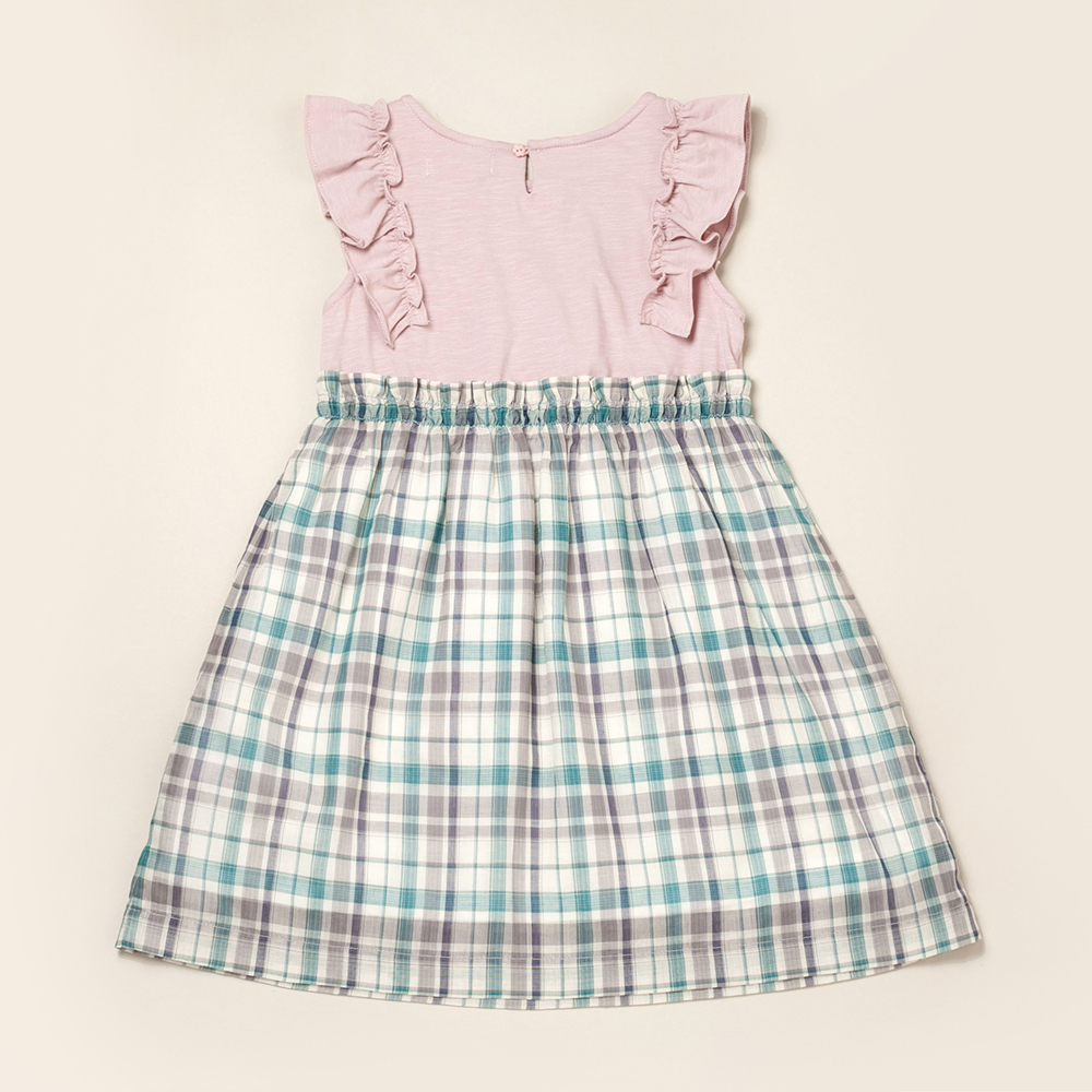 PIPPY典雅格紋拼接荷葉袖攏背心裙洋裝 綠