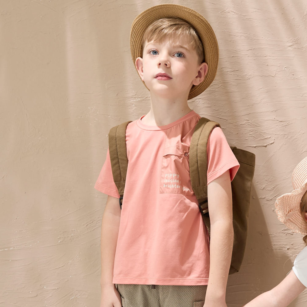 PIPPY潮流款簡約拼接個性化印花落肩棉質短袖上衣 橘紅