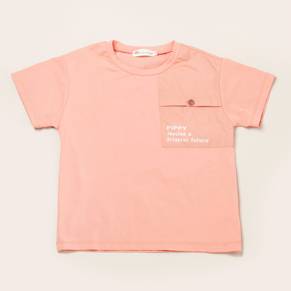 PIPPY潮流款簡約拼接個性化印花落肩棉質短袖上衣 橘紅