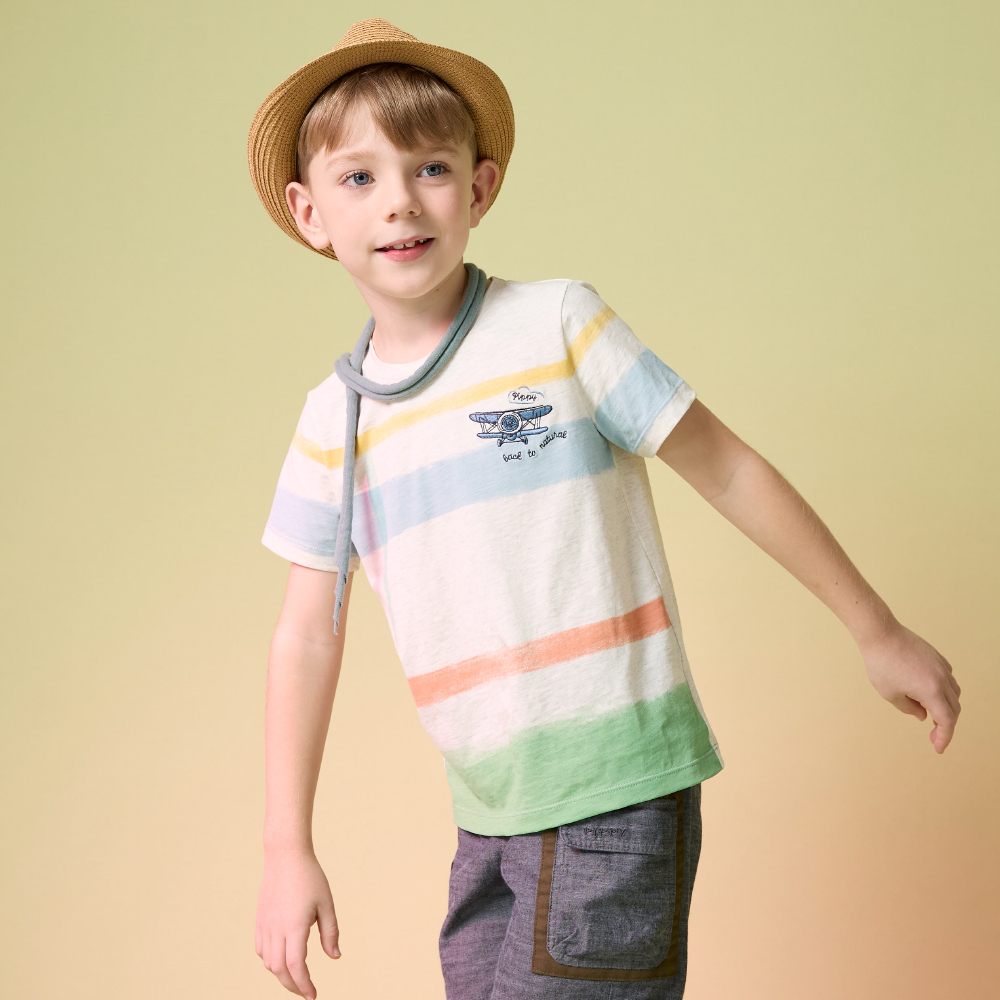 PIPPY童繣水彩條紋印花飛機刺繡百搭棉質圓領上衣 藍