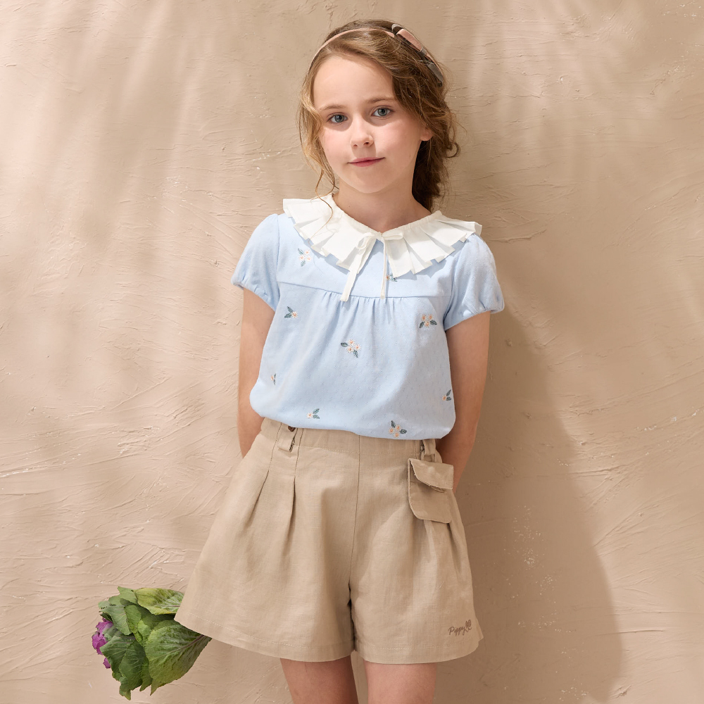 PIPPY 甜美浪漫公主澎澎袖剪接純棉荷葉領上衣 水