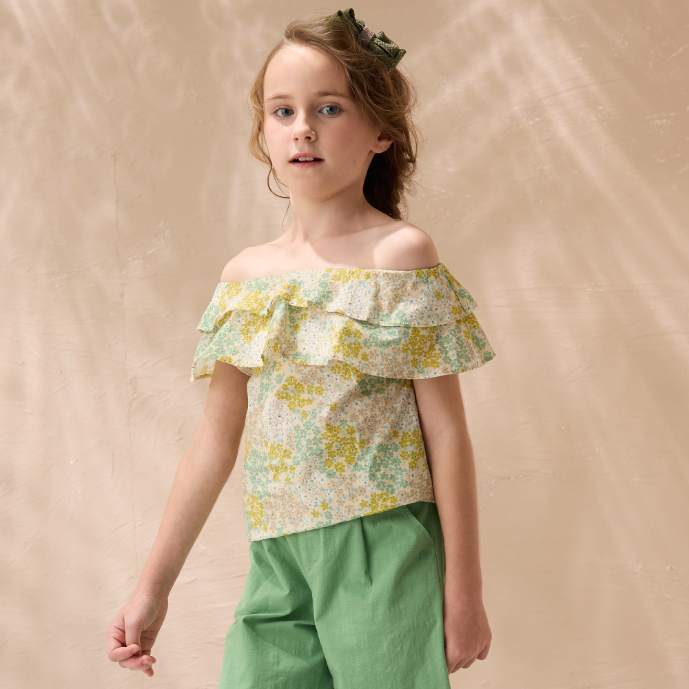 PIPPY夏日時尚小碎花荷葉堆疊純棉上衣 黃  (多種穿法)