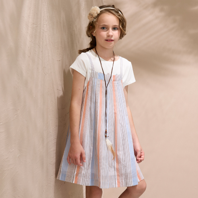 PIPPY 氣質刺繡兩件式純棉吊帶裙 藍/橘紅