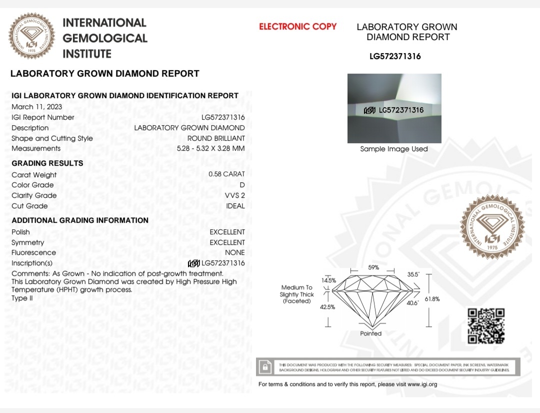 IGI LAB GROWN DIAMOND 0.58 D VVS2 IDEAL 2EX NON