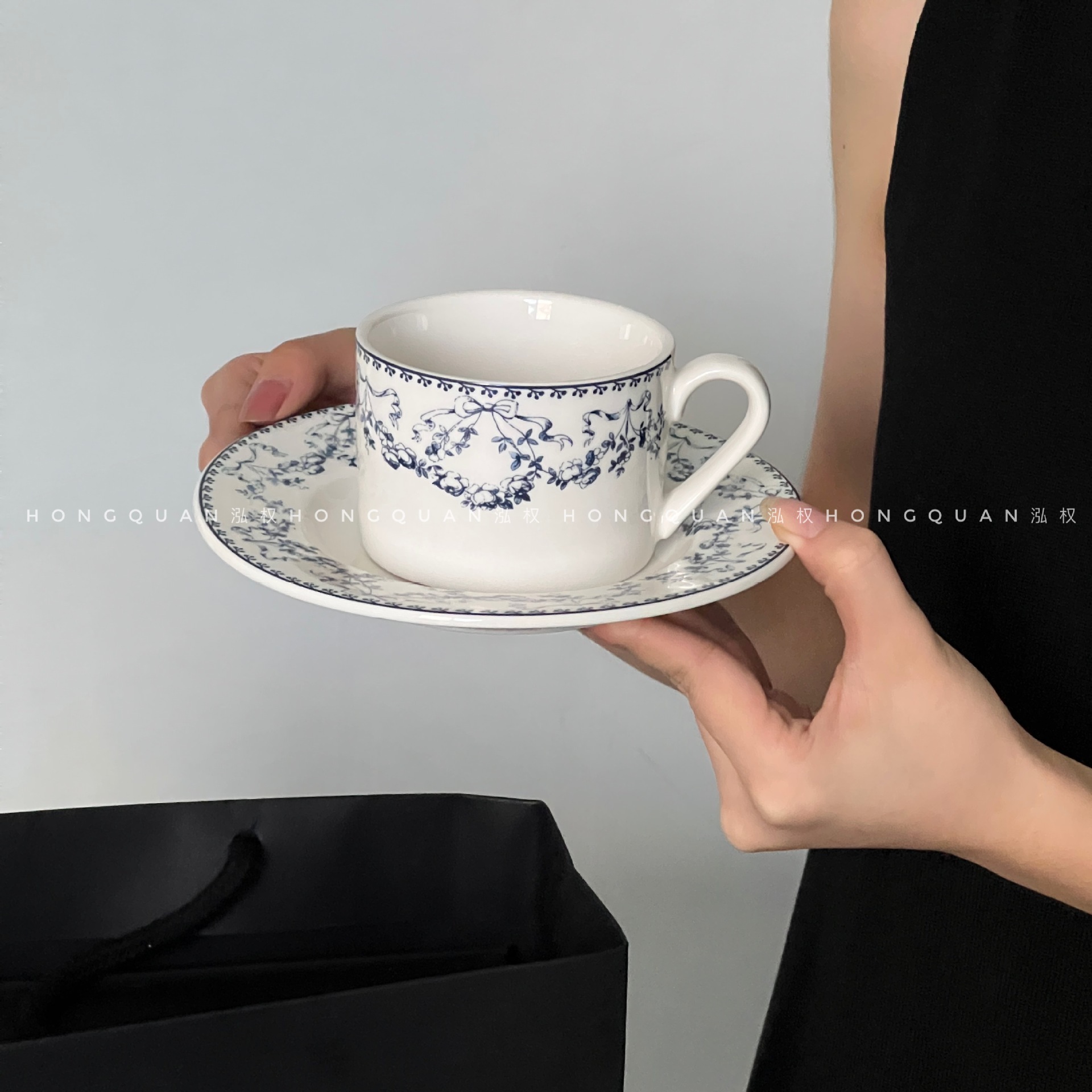 《3705》復古法式清新藍色小花陶瓷餐盤組