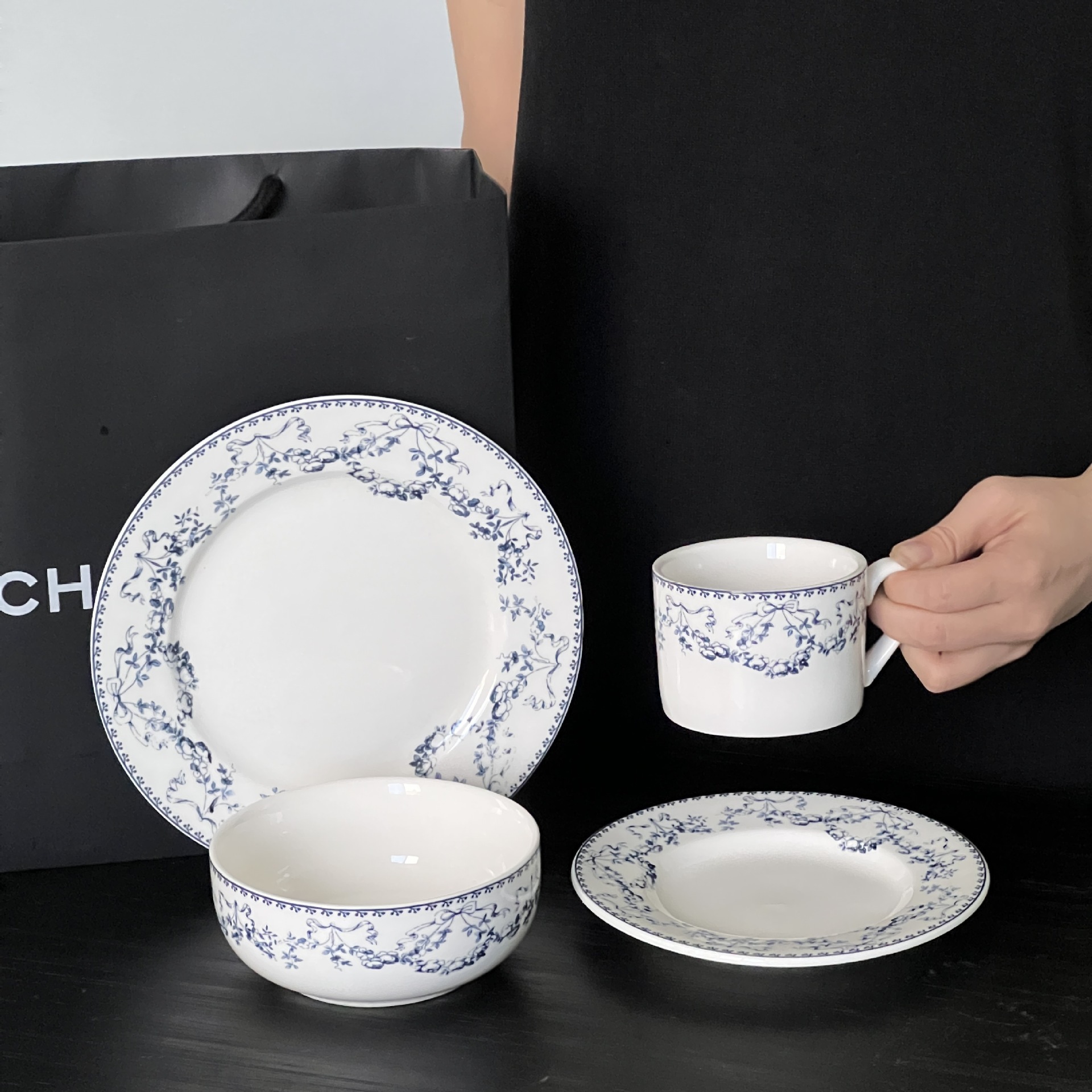 《3705》復古法式清新藍色小花陶瓷餐盤組