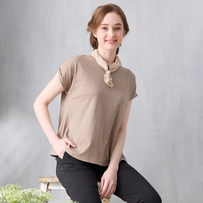 PIPPY純棉圓領反摺短袖上衣 粉/卡其