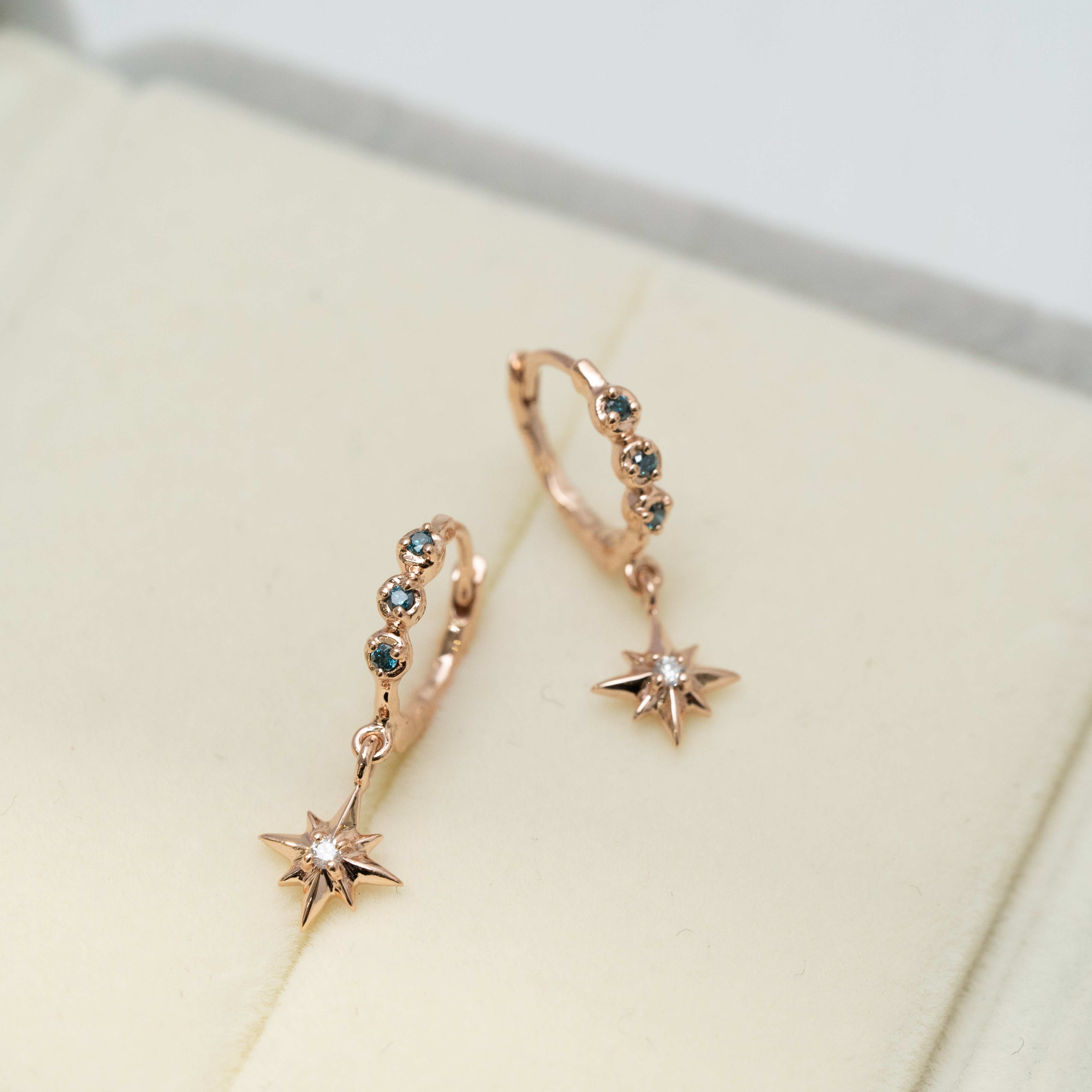 14k Rose Gold 藍鑽石拼六芒星白鑽石耳環