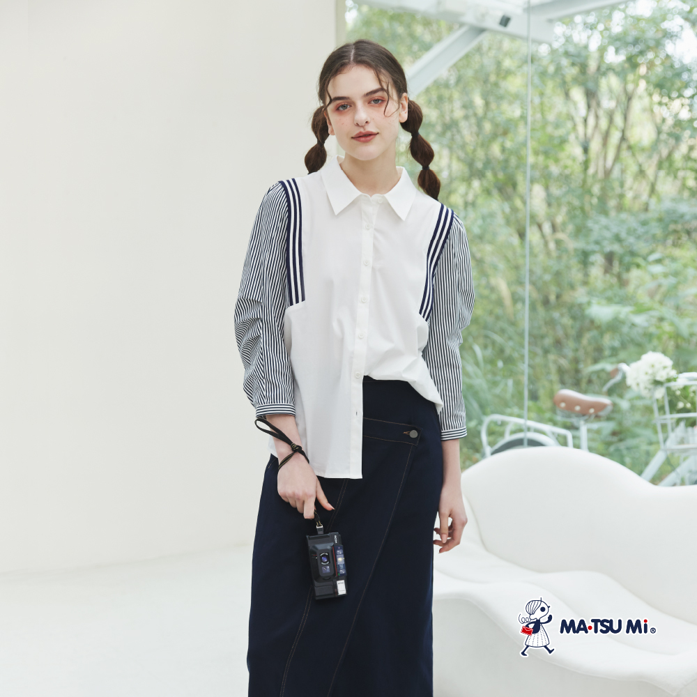 MA‧TSU Mi 不對稱褲頭造型前開岔牛仔長裙(深藍)