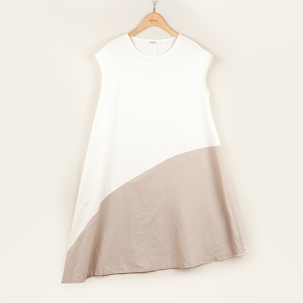 PIPPY經典大地色系剪接無袖圓領百搭棉麻連身裙洋裝