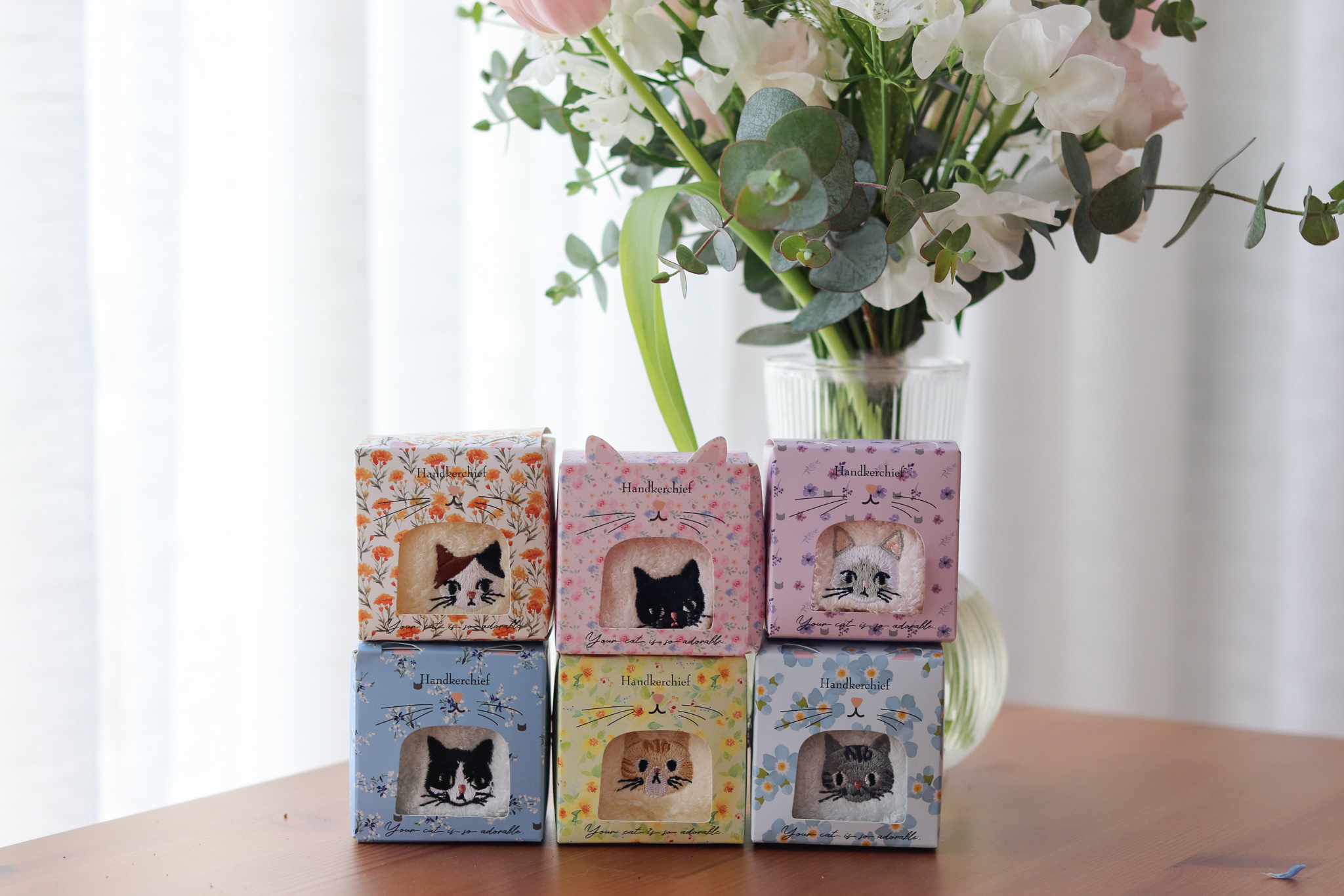 日本 貓咪 刺繡 無撚糸 小方巾 手帕