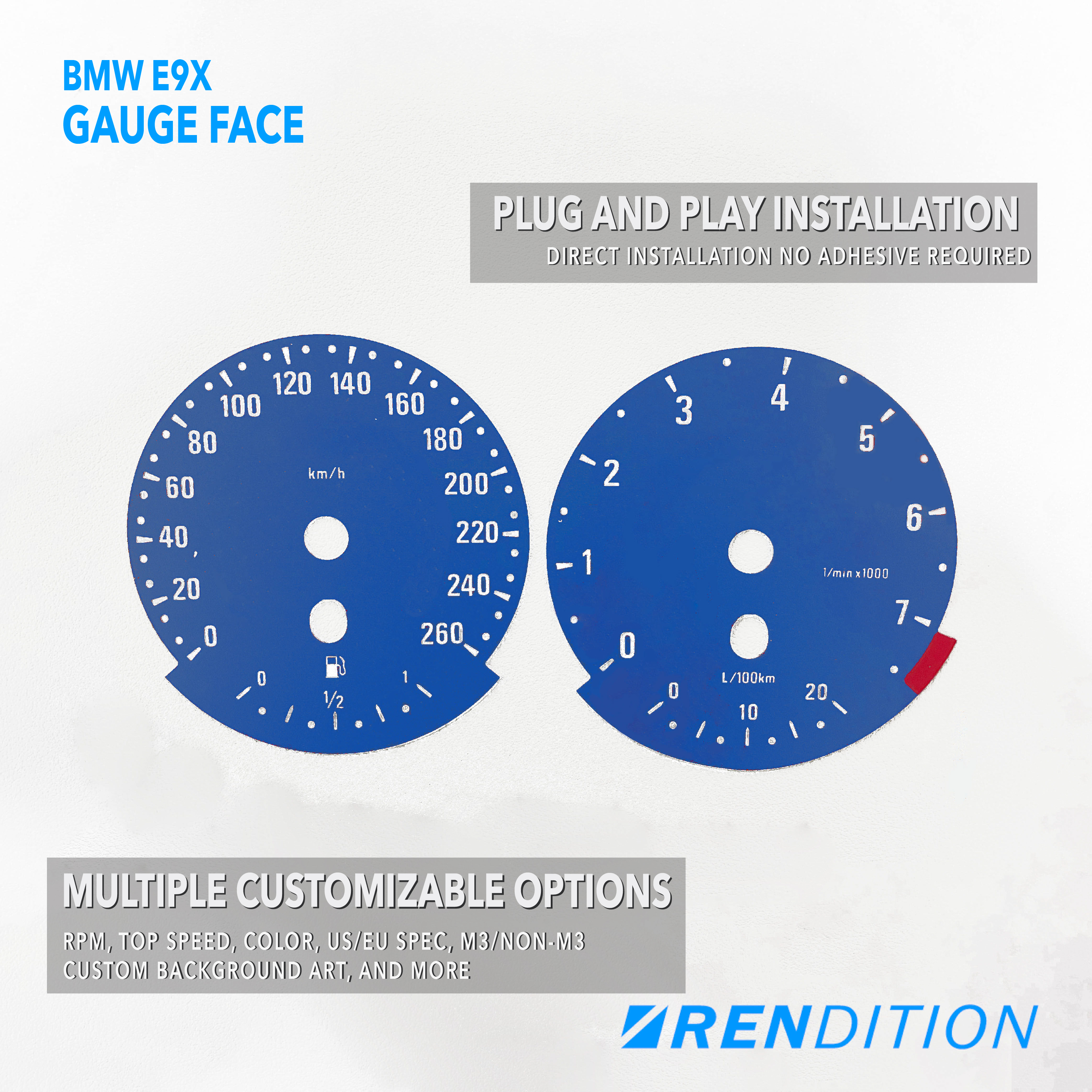 BMW E9X GAUGE FACE / GAUGE OVERLAY FOR 318, 320, 323, 325,328, 330, 335, M3