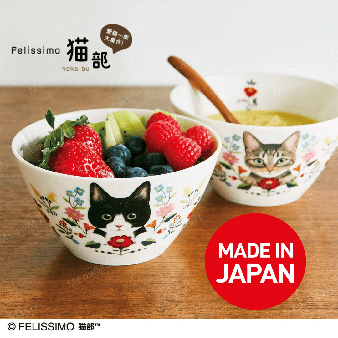 日本Felissimo花與小貓瓷碗 (日本製)