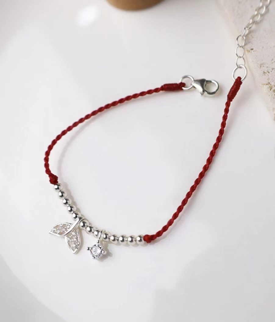 魚尾．單鑽開運招財純銀紅線