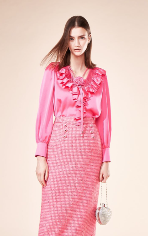 BD10001A1壓摺荷葉領玫瑰泡袖上衣（附玫瑰綁繩）