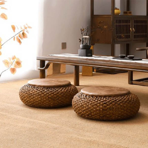 茶道藤編皮革圓形坐墊