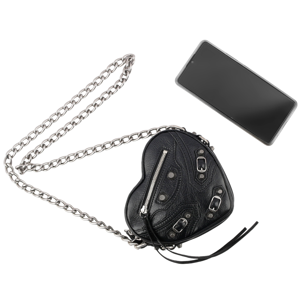 【BALENCIAGA】Le Cagole 銀鍊小羊皮迷你愛心包(黑色) 722781 1VG9Y 1000