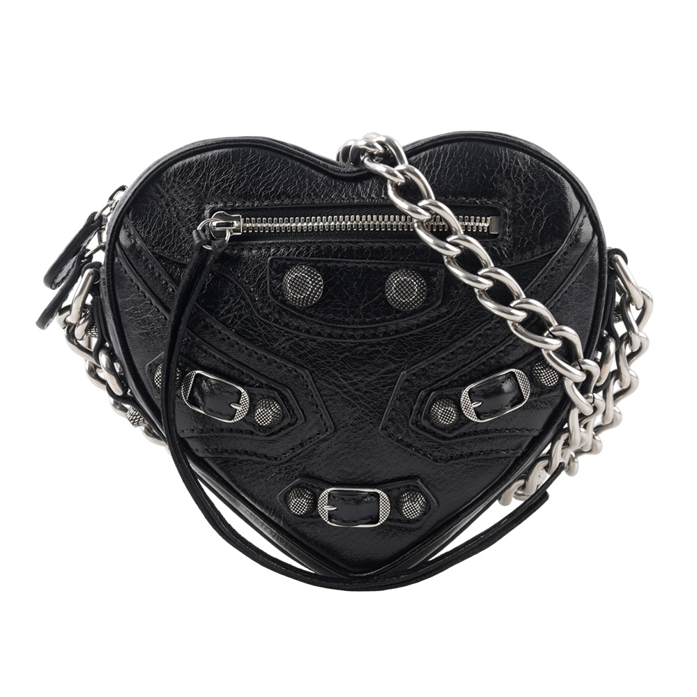 【BALENCIAGA】Le Cagole 銀鍊小羊皮迷你愛心包(黑色) 722781 1VG9Y 1000