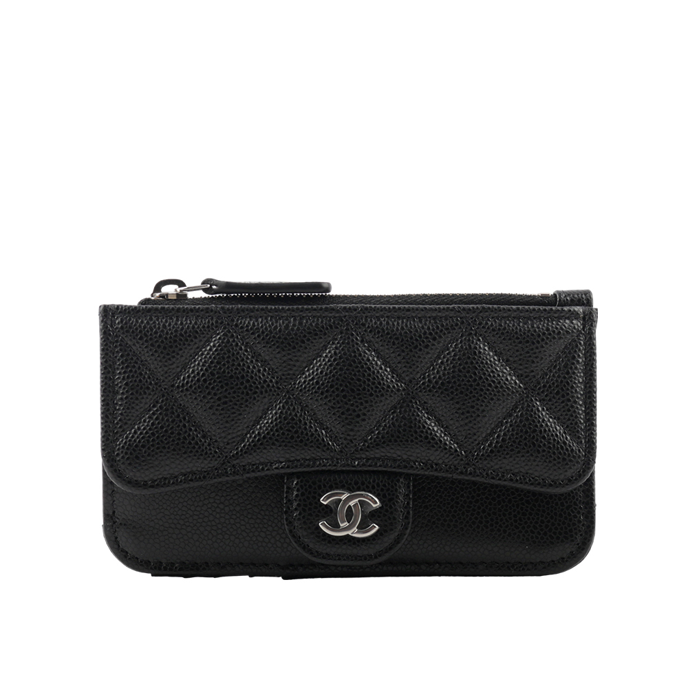 【CHANEL】銀色CC Logo 牛皮一字拉鍊卡片夾/零錢包